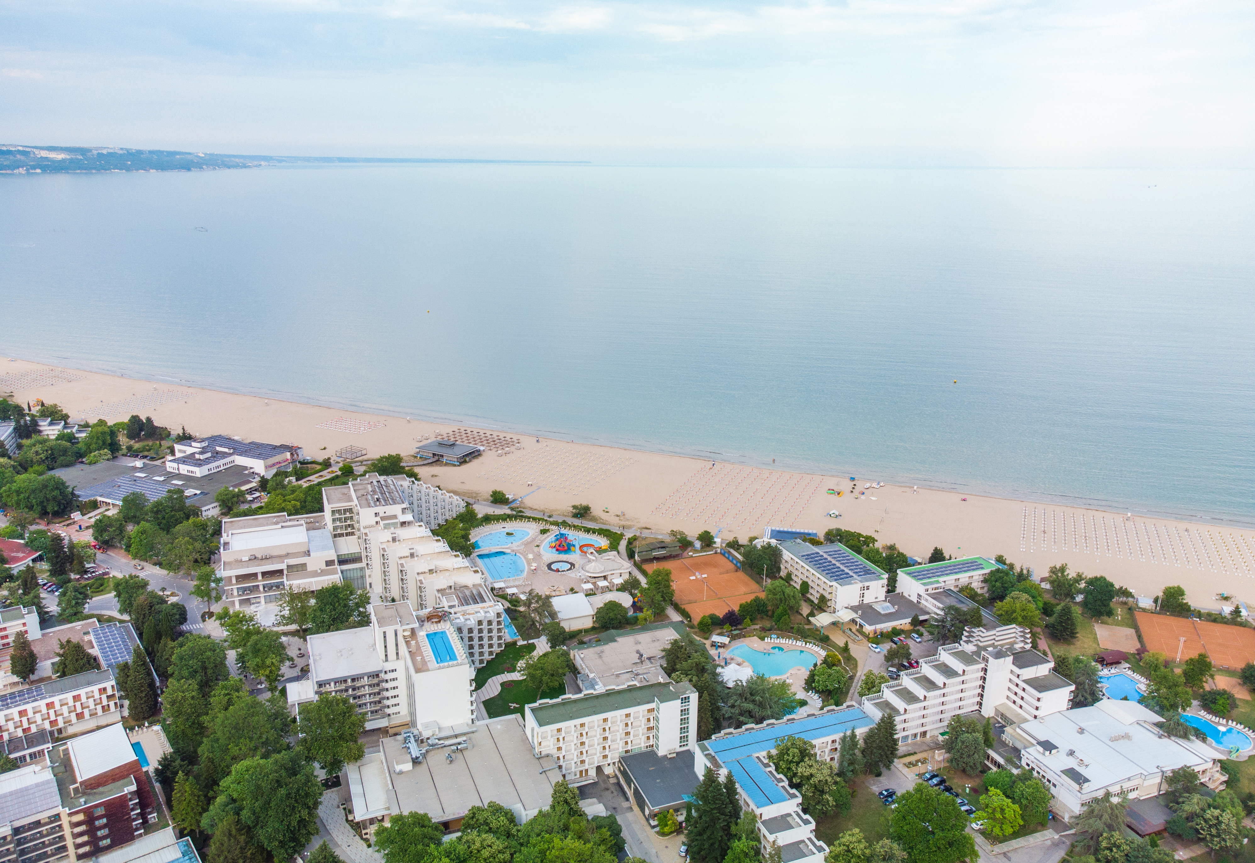 aerial drone view albena empty sandy beach resort bulgaria